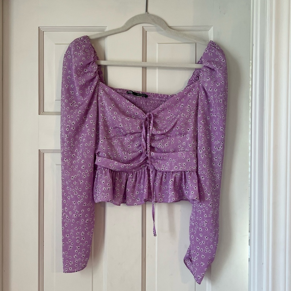 Zara tied print blouse - purple floral print